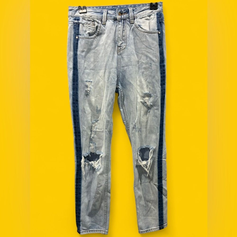 SHOW Light Wash Stripe Jeans | Distressed Straight Leg Denim | Size S